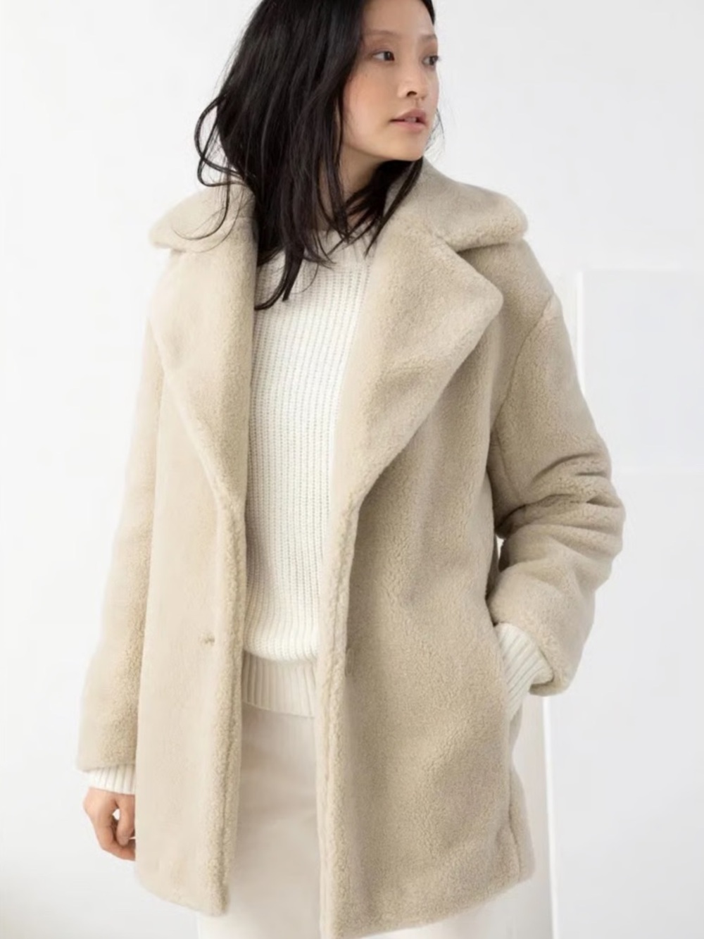 & Other Stories Cream Teddy Faux-Fur Coat